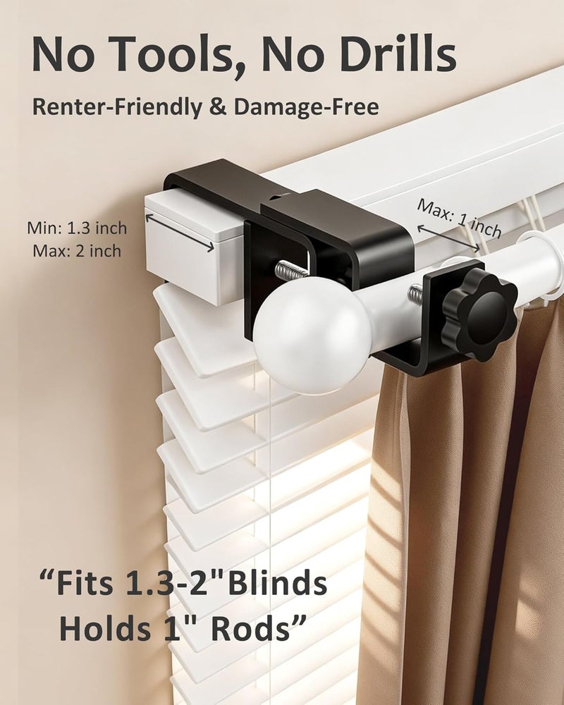 Mimiio Over Blinds Curtain Rod Brackets for Outside Mounted, No-Drill Blinds Curtain Rod Holders for 1.3-2" Rectangular Headrails, Tool-Free & No Wall Damage, Apartment & Renter Friendly (Set of 4, Black) - Image 2